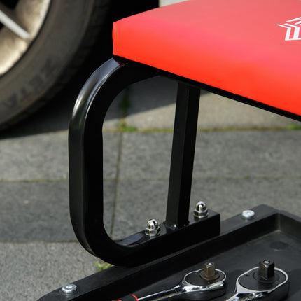 Workshop stool with shelf & padded seat - red steel