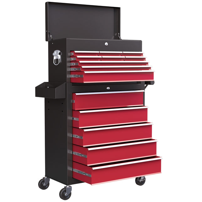 Mobilní dílenský vozík, uzamykatelný, 14 zásuvek, červená
