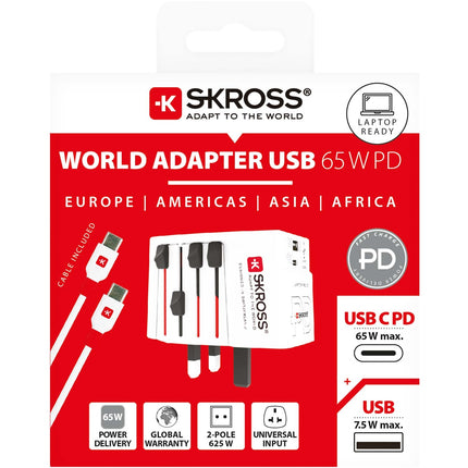 Cestovní adaptér MUV USB AC65PD USB-A+USB-C PD 65W bez uzemnění