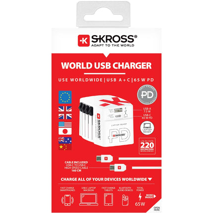 World travel charger AC65PD World USB-A+USB-C PD 65W Grounded