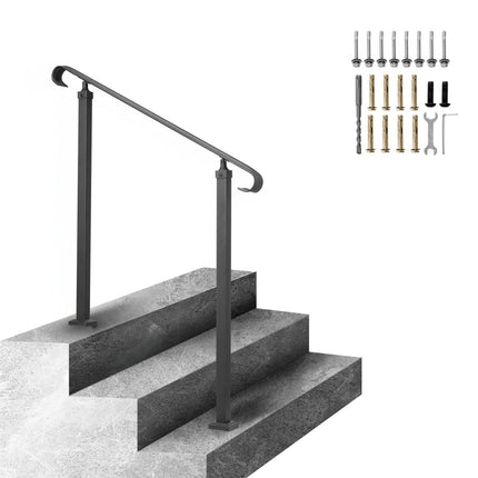 Wrought Iron Outdoor Stair Handrail, Adjustable 1-3 Step, Black