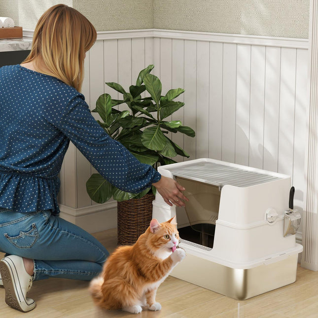 XL Katzentoilette aus Edelstahl, inklusive Schaufel, Hellgrau