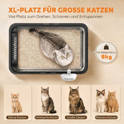 XL Stainless Steel Cat Litter Box Set, High Sides, 60x40x30cm