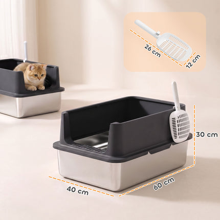 XL Stainless Steel Cat Litter Box Set, High Sides, 60x40x30cm