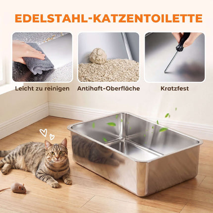 XL Stainless Steel Cat Litter Box Set, High Sides, 60x40x30cm