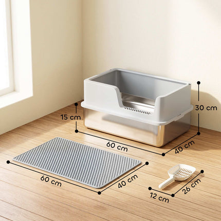 XL Stainless Steel Cat Litter Box with Lid, High Sides, Grey