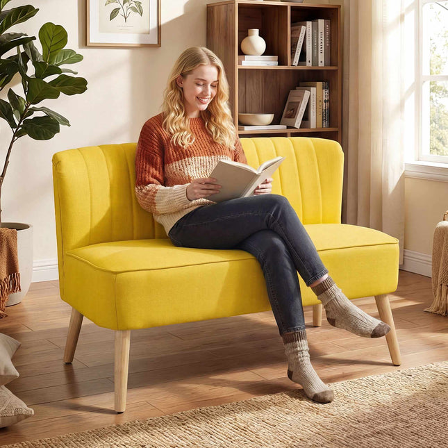 Pohovka dvoumístná, pěna a len, kompaktní design, žlutá