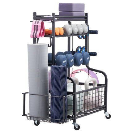 Yoga Mat Storage Rack With Hooks And Wheels, Steel