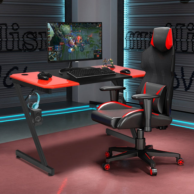 Z-förmiger Gaming-Tisch Computertisch PC-Tisch mit Getränkehalter Kopfhörerhaken &amp; Lautsprecherständer Schreibtisch Schwarz/Rot