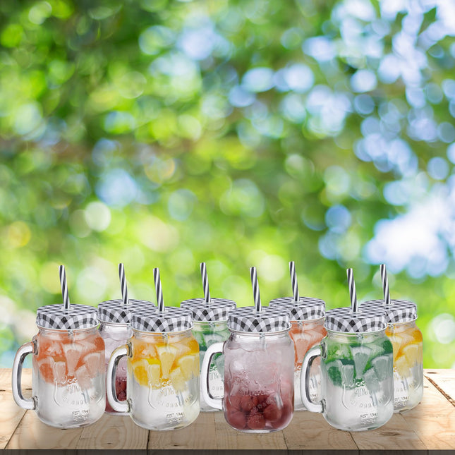 set of 8 drinking glasses with checkered lids