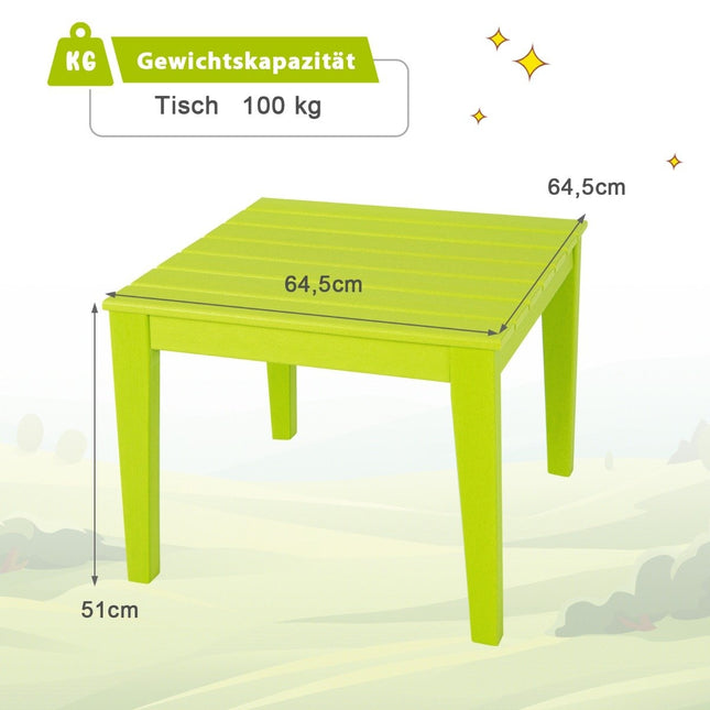 čtvercový dětský stůl odolný proti povětrnostním vlivům, trvanlivý hrací stůl zelený 64,5 cm x 64,5 cm